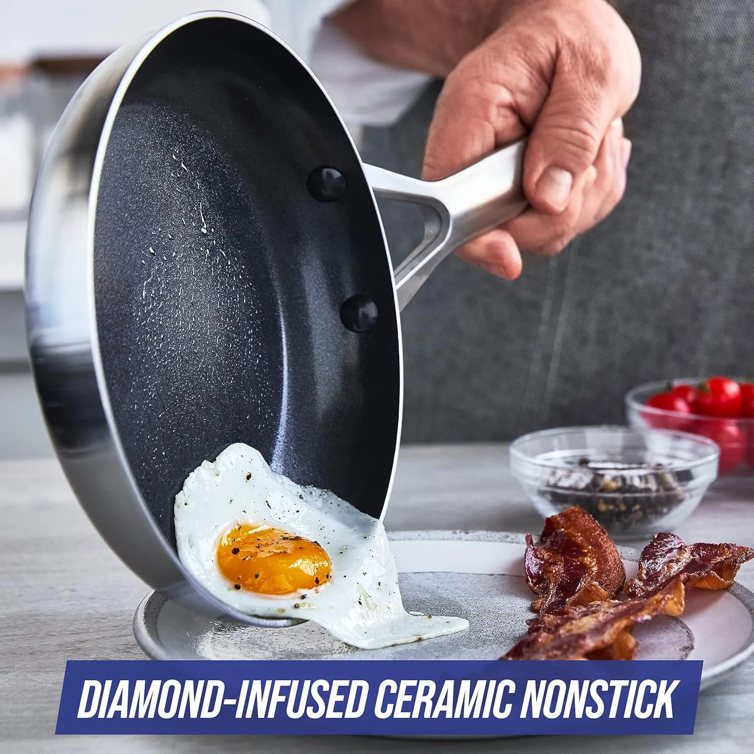 Blue Diamond Cookware Tri-Ply Stainless Steel Ceramic Nonstick, 11" Frying Pan Skillet, PFAS-Free, Multi Clad, Induction, Dishwasher Safe, Oven Safe, Silver