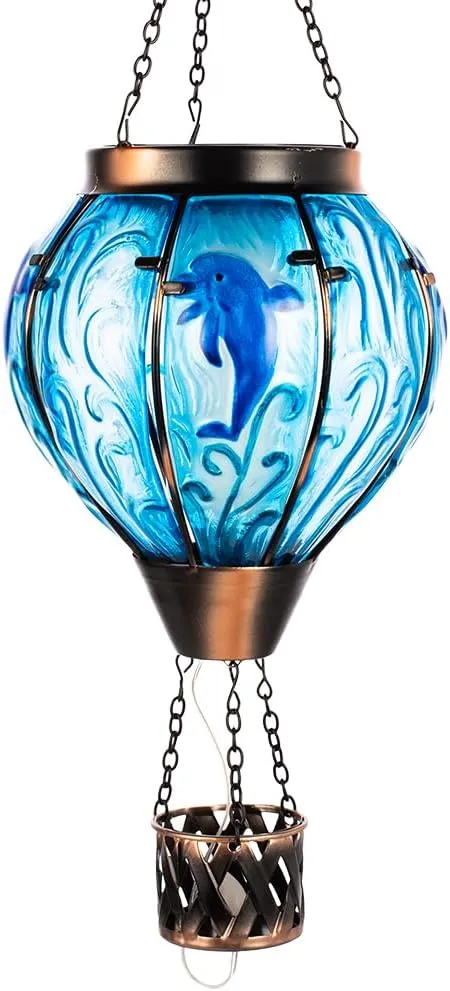 Blue Dolphin Hot Air Balloon Solar Lantern with Flame Flickering Light LED Glass Hanging Solar Lanterns Outdoor Waterproof Hot Air Balloon Decor for Patio Yard Garden Mother Day Gift for Women