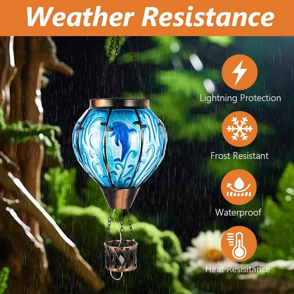 Blue Dolphin Hot Air Balloon Solar Lantern with Flame Flickering Light LED Glass Hanging Solar Lanterns Outdoor Waterproof Hot Air Balloon Decor for Patio Yard Garden Mother Day Gift for Women