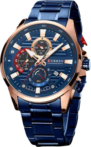 Blue Multi Function Quartz Watches Sport Stainless Steel Band Wristwatches for Men Waterproof Luminous Chronograph Men's Watch