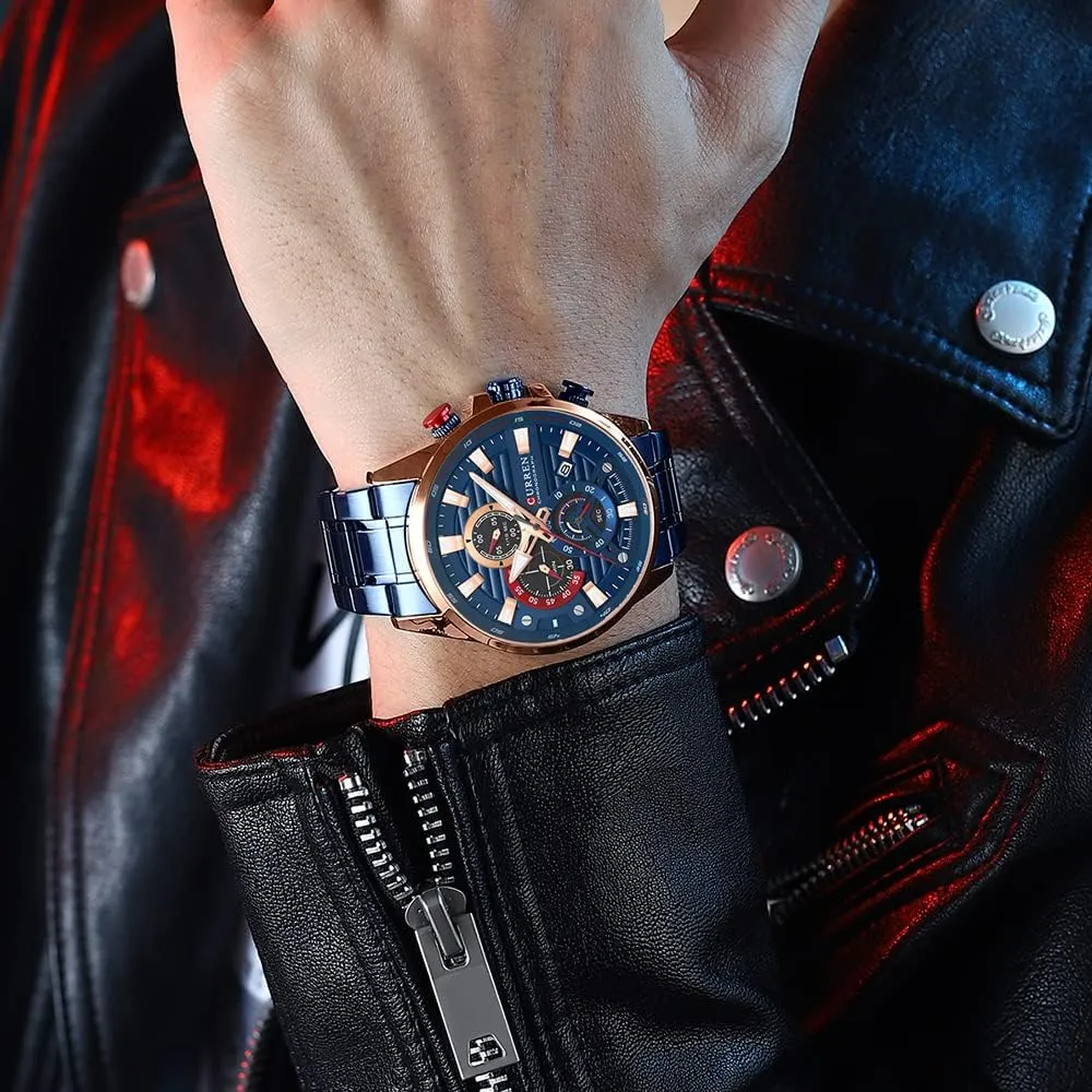 Blue Multi Function Quartz Watches Sport Stainless Steel Band Wristwatches for Men Waterproof Luminous Chronograph Men's Watch