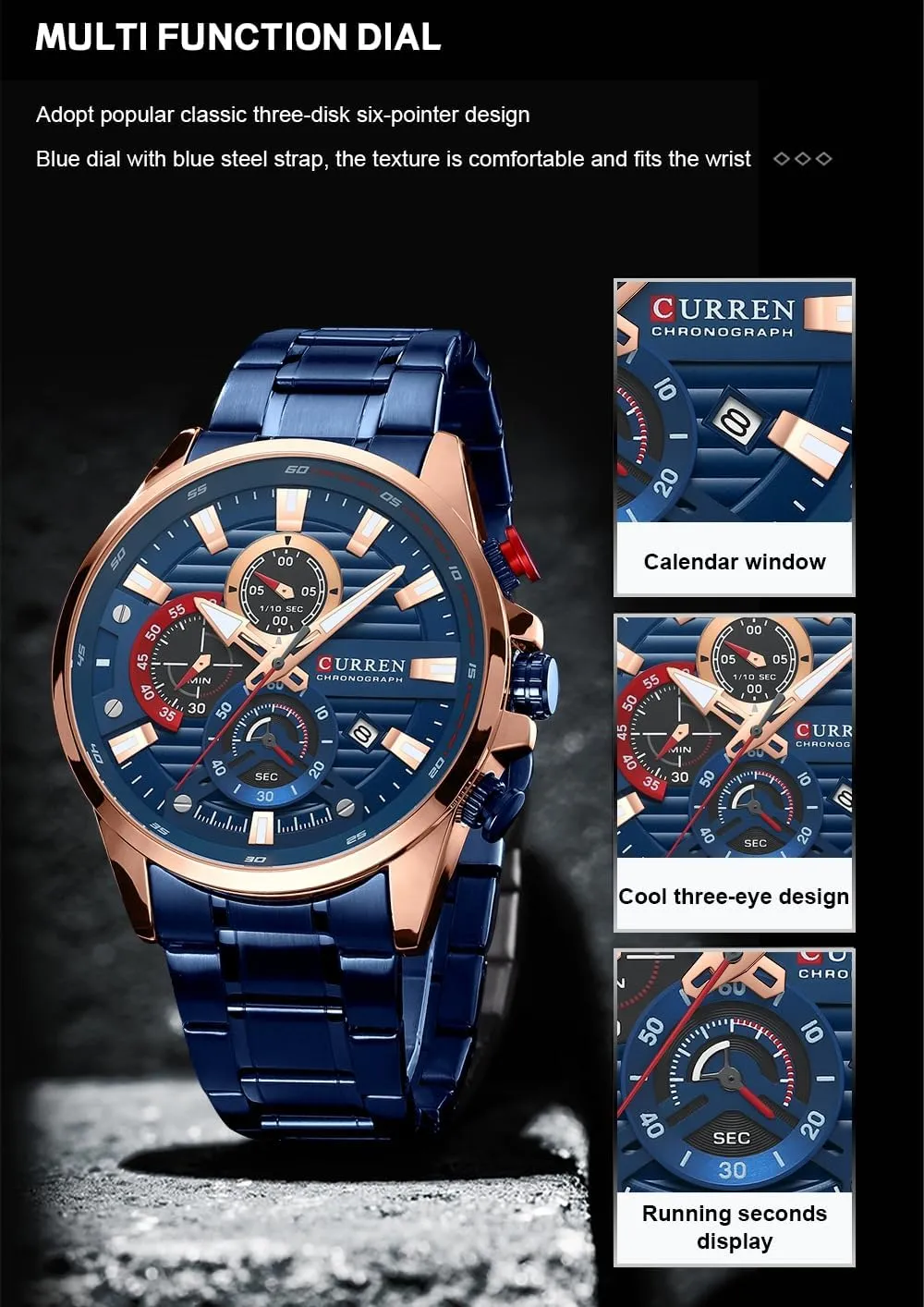 Blue Multi Function Quartz Watches Sport Stainless Steel Band Wristwatches for Men Waterproof Luminous Chronograph Men's Watch
