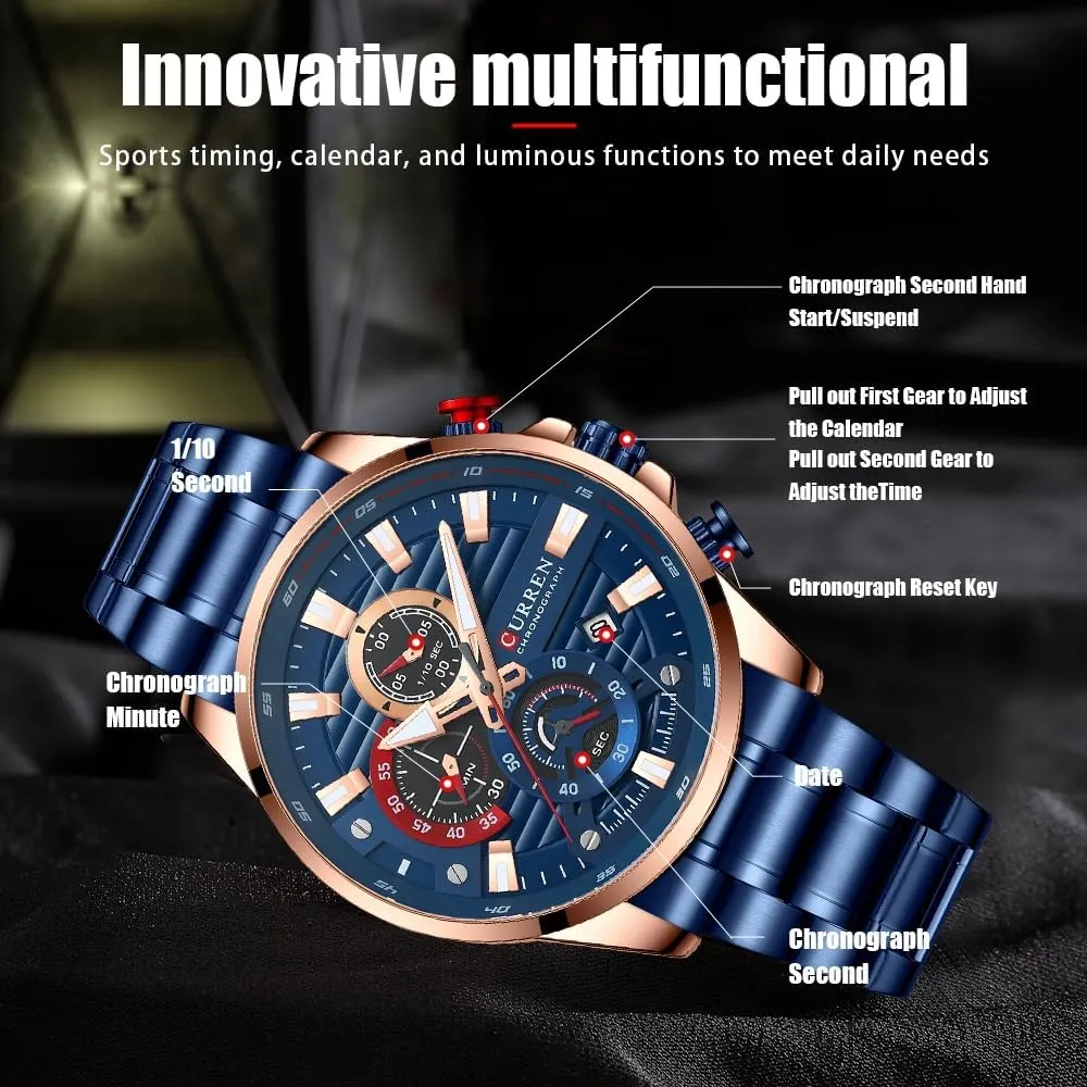 Blue Multi Function Quartz Watches Sport Stainless Steel Band Wristwatches for Men Waterproof Luminous Chronograph Men's Watch