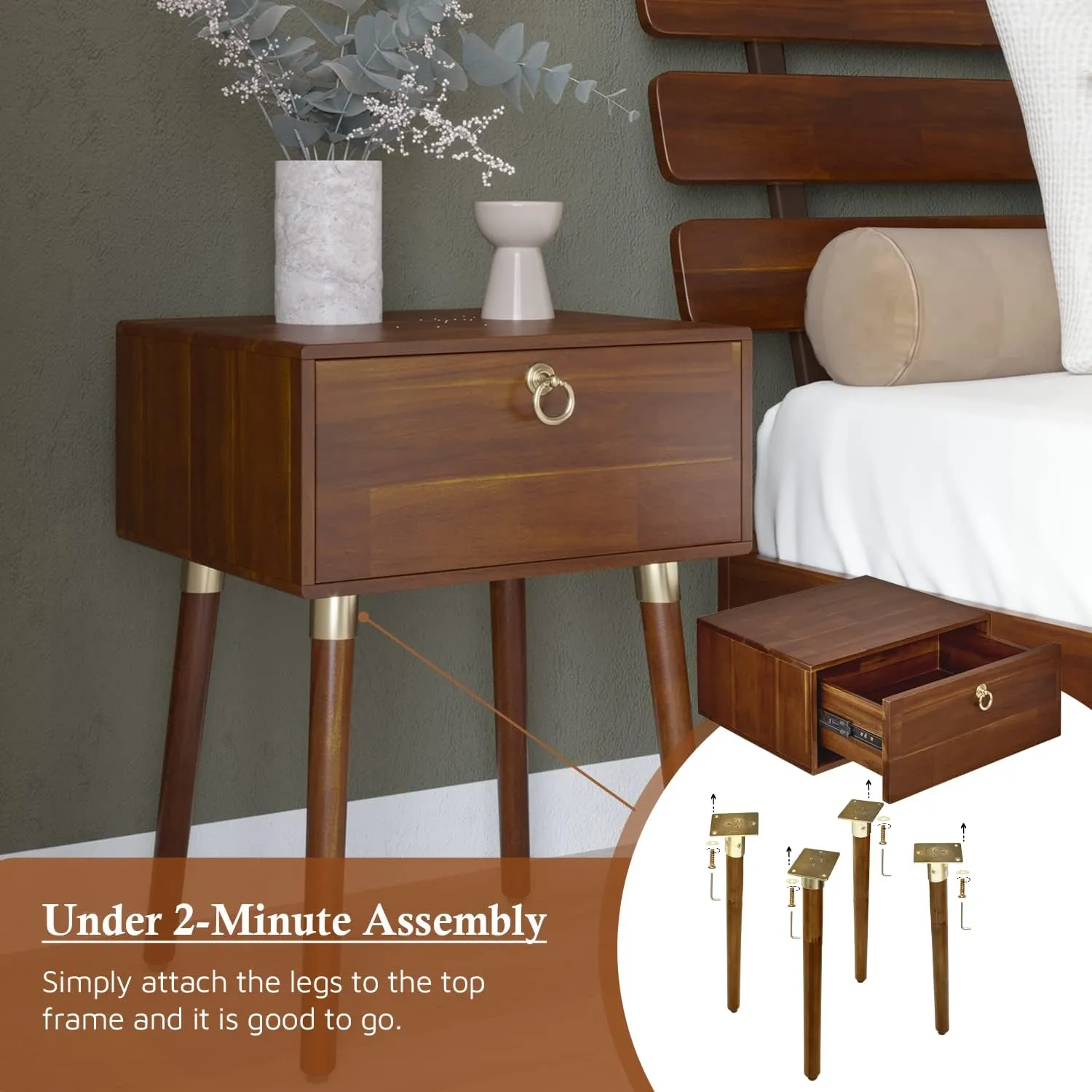 Bme Alden Solid Wood Nightstand/Side Table/End Table, Fully Assembled, with 1-Drawer for Mid Century Bedroom and Living Room, (12mm), Dark Chocolate
