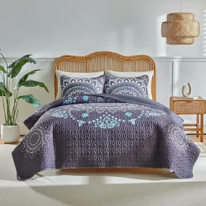 Boho Quilt Set King Size - Reversible Summer Bohemian Quilt Bedding Set, 3 Pieces Colorful Lightweight Microfiber Bedspread Gray-Purple Floral Coverlet Set with 2 Pillow Shams for All Seasons
