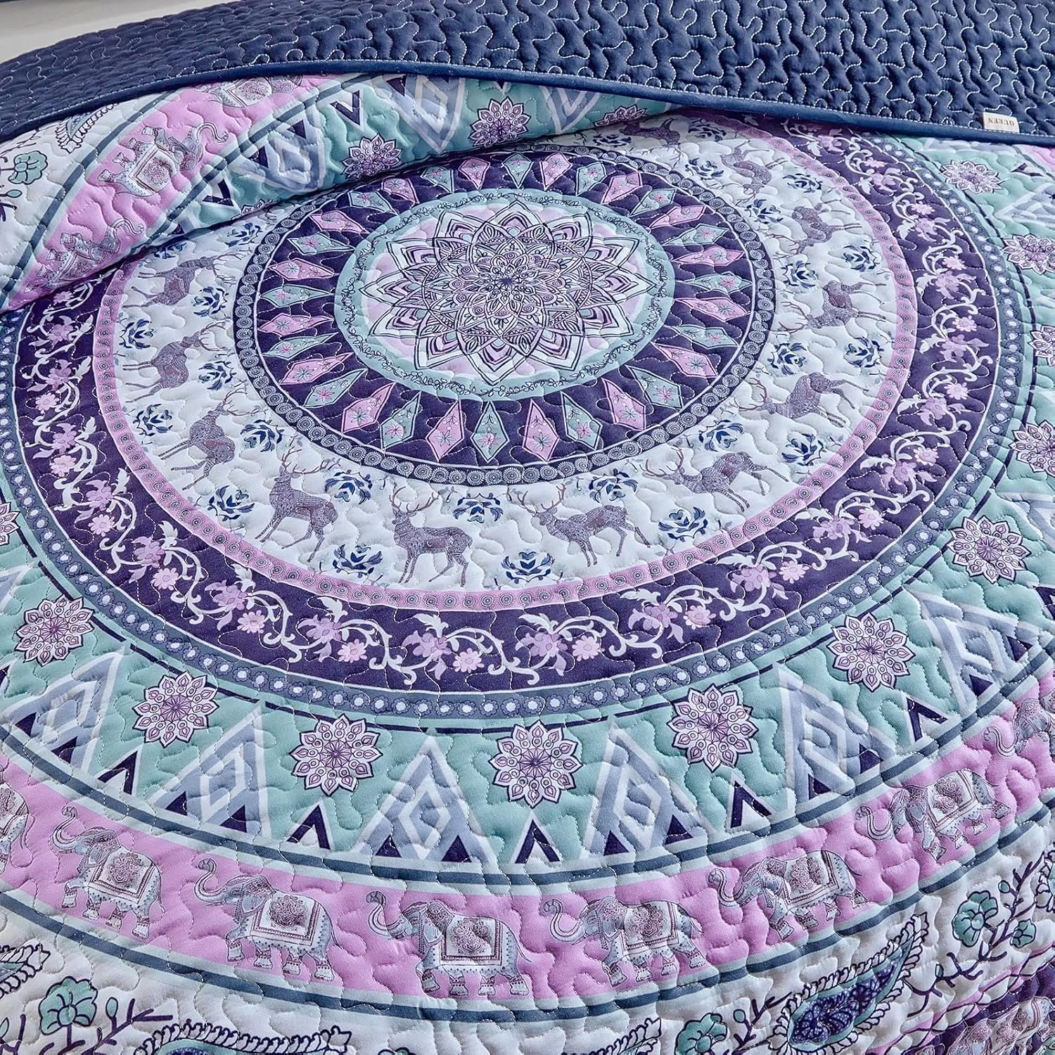 Boho Quilt Set King Size - Reversible Summer Bohemian Quilt Bedding Set, 3 Pieces Colorful Lightweight Microfiber Bedspread Purple Elephant Paisley Circle Coverlet Set with Pillow Shams for Hot Day