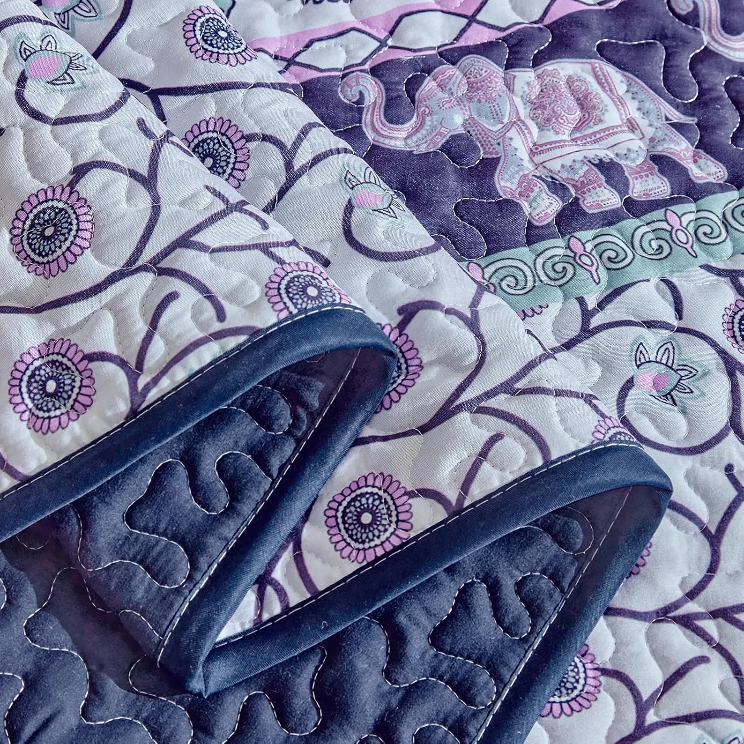 Boho Quilt Set King Size - Reversible Summer Bohemian Quilt Bedding Set, 3 Pieces Colorful Lightweight Microfiber Bedspread Purple Elephant Paisley Circle Coverlet Set with Pillow Shams for Hot Day