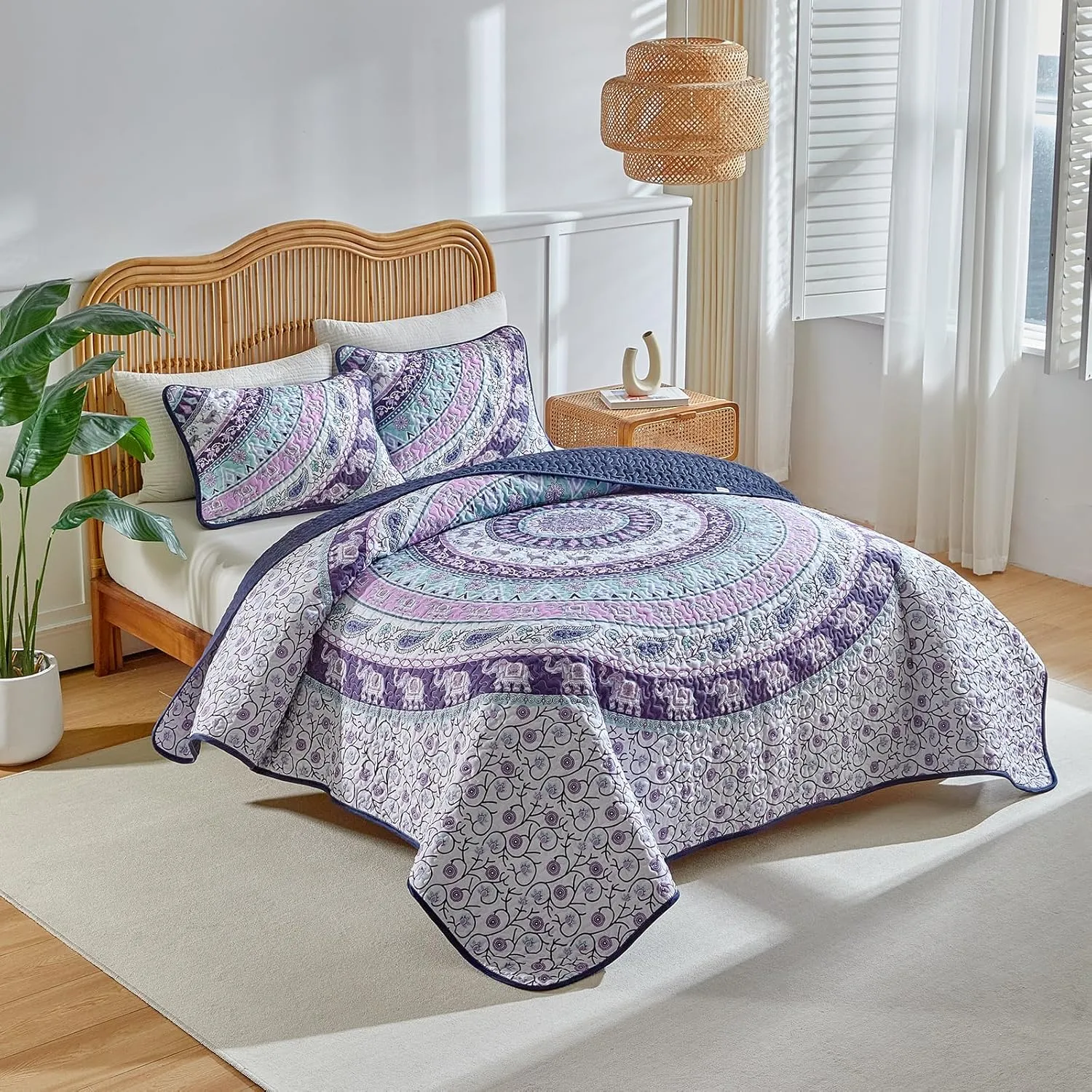 Boho Quilt Set King Size - Reversible Summer Bohemian Quilt Bedding Set, 3 Pieces Colorful Lightweight Microfiber Bedspread Purple Elephant Paisley Circle Coverlet Set with Pillow Shams for Hot Day