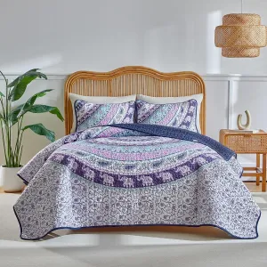 Boho Quilt Set King Size - Reversible Summer Bohemian Quilt Bedding Set, 3 Pieces Colorful Lightweight Microfiber Bedspread Purple Elephant Paisley Circle Coverlet Set with Pillow Shams for Hot Day