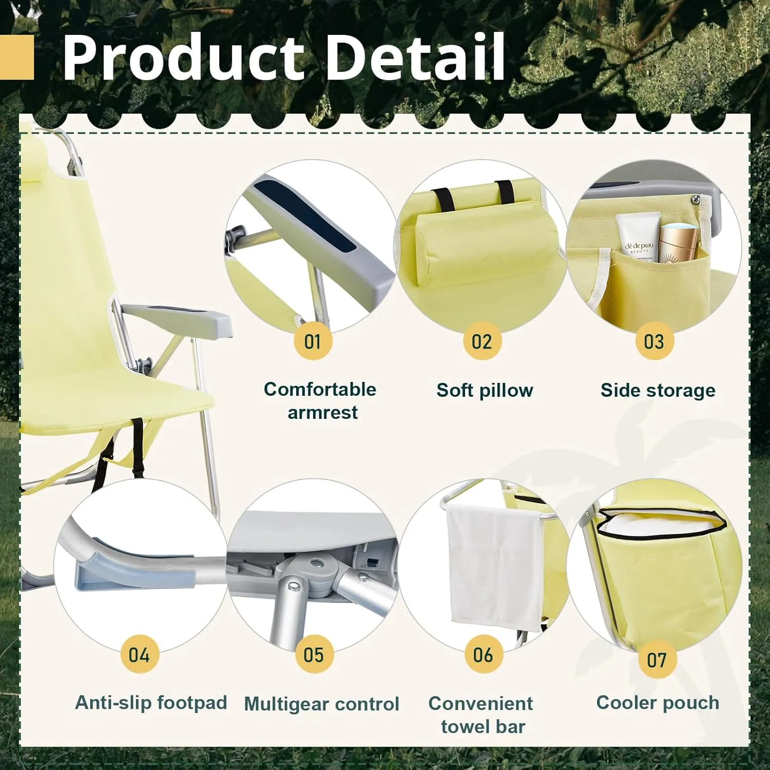 Bonnlo Folding Patio Chair with Headrest & Storage Pouch, Lightweight Aluminum Frame Supports 220 lbs/100 kg, Portable for Travel Lawn Poolside Camping Beach(Canary Yellow)
