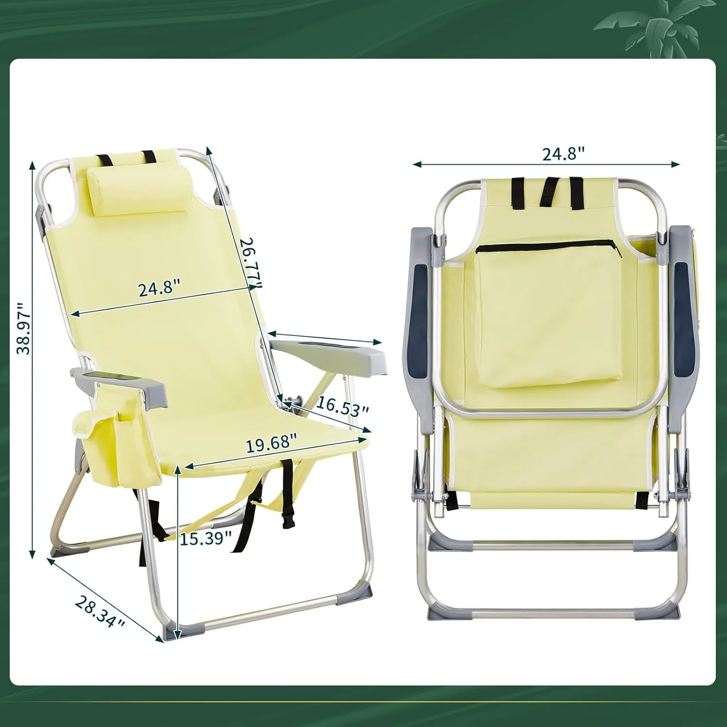 Bonnlo Folding Patio Chair with Headrest & Storage Pouch, Lightweight Aluminum Frame Supports 220 lbs/100 kg, Portable for Travel Lawn Poolside Camping Beach(Canary Yellow)