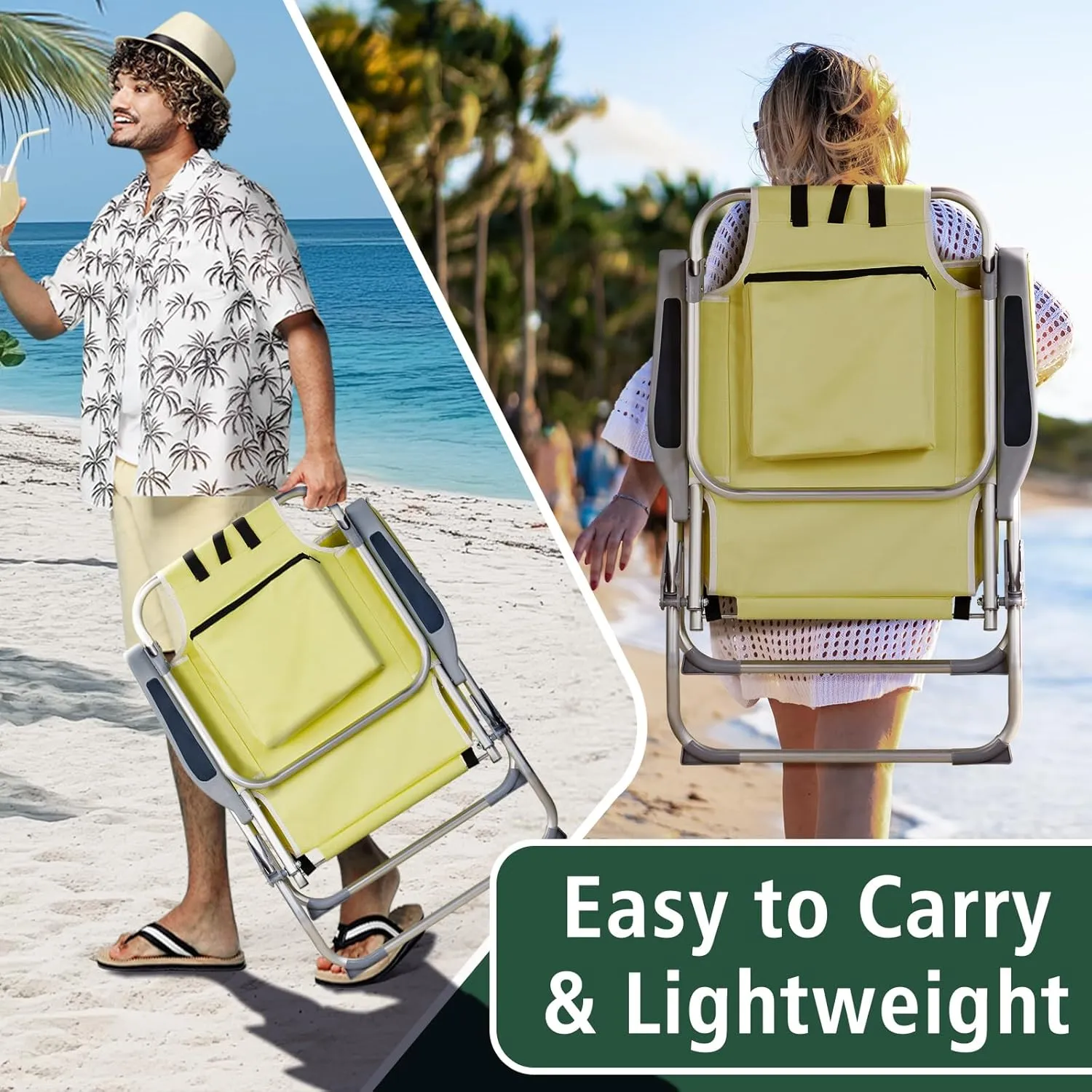 Bonnlo Folding Patio Chair with Headrest & Storage Pouch, Lightweight Aluminum Frame Supports 220 lbs/100 kg, Portable for Travel Lawn Poolside Camping Beach(Canary Yellow)