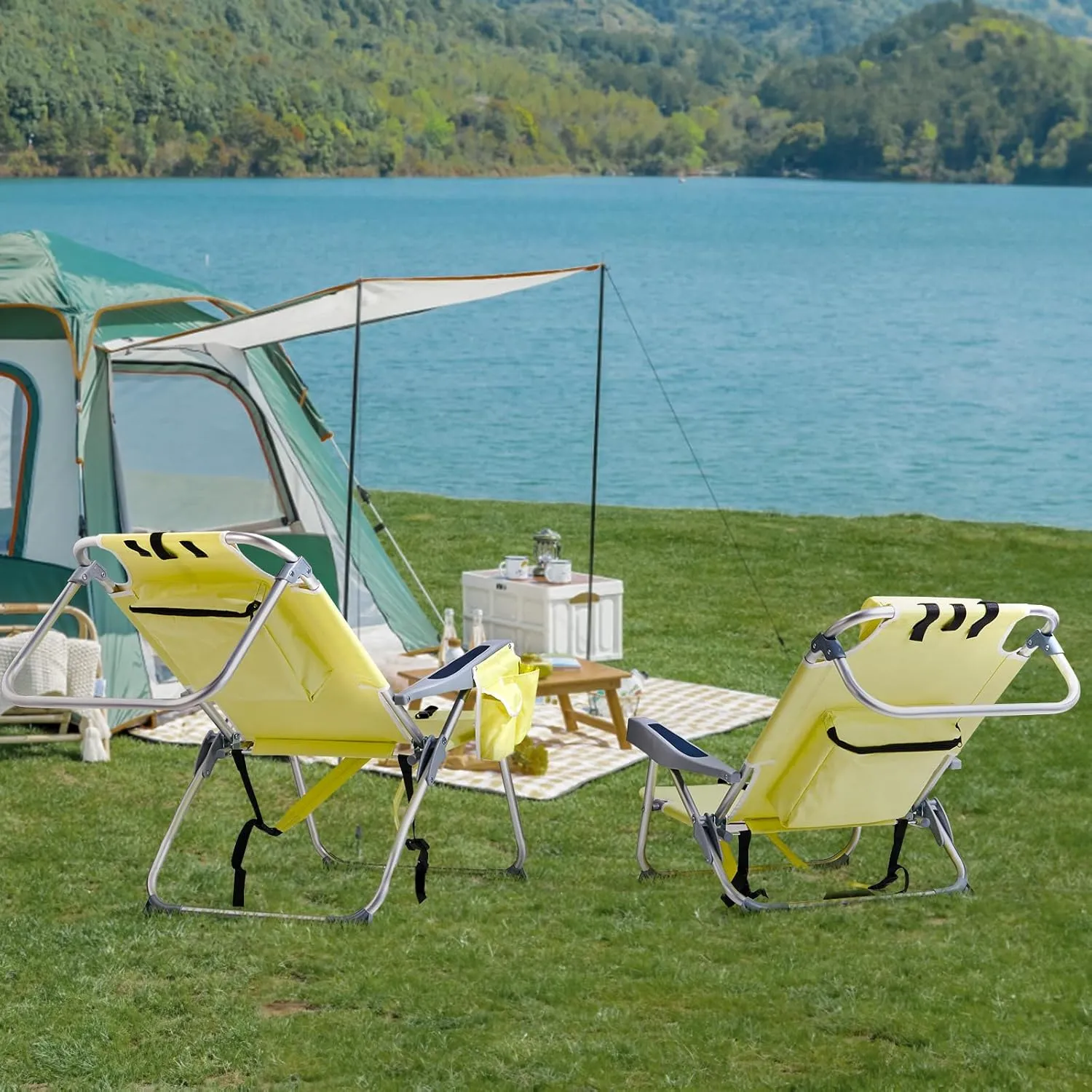 Bonnlo Folding Patio Chair with Headrest & Storage Pouch, Lightweight Aluminum Frame Supports 220 lbs/100 kg, Portable for Travel Lawn Poolside Camping Beach(Canary Yellow)