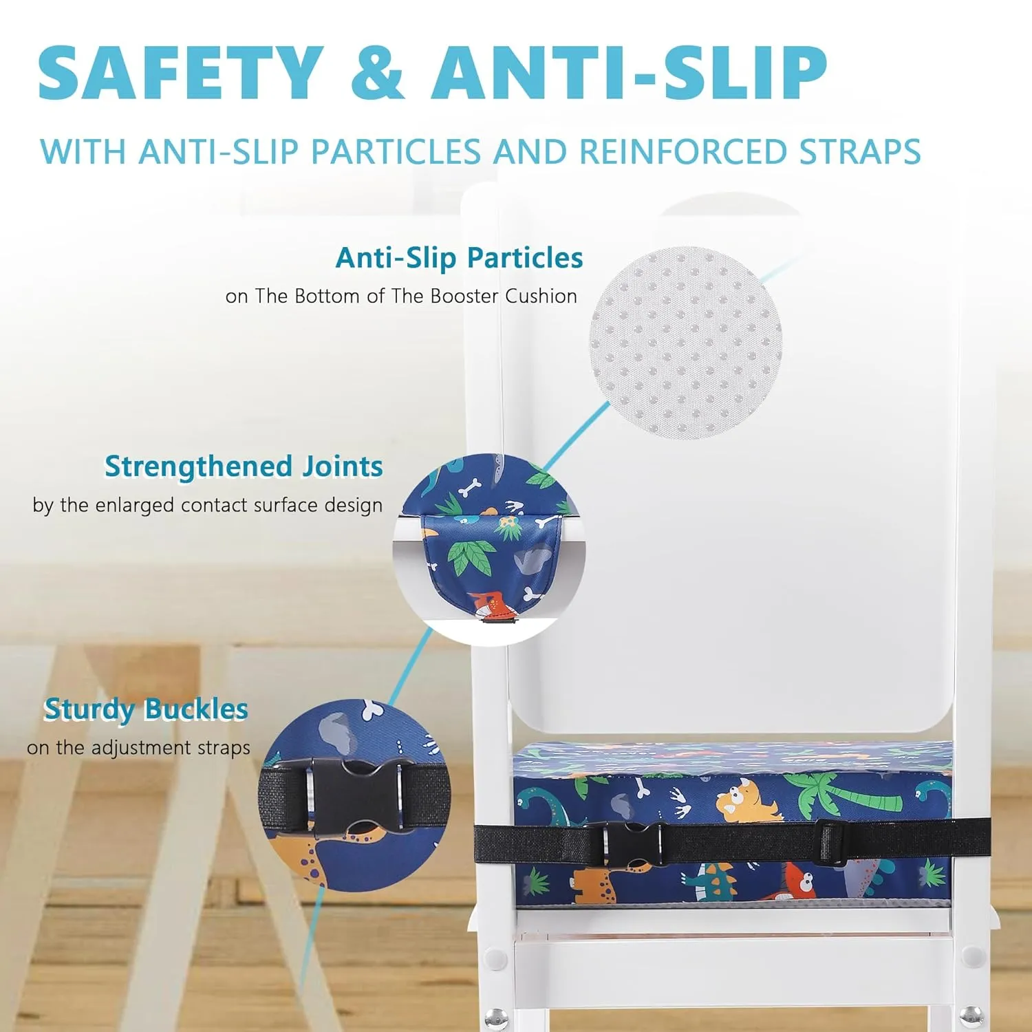 Booster Seat for Kitchen Chair with Adjustable Straps, Toddler Booster Seats for Dining Table Portable for Travel Camping Eating, Booster Cushion for Table for Baby Child Infant Kid Boy Girl