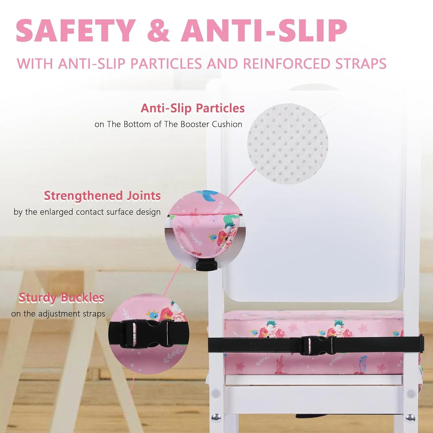 Booster Seat for Kitchen Chair with Adjustable Straps, Toddler Booster Seats for Dining Table Portable for Travel Camping Eating, Booster Cushion for Table for Baby Child Infant Kid Boy Girl
