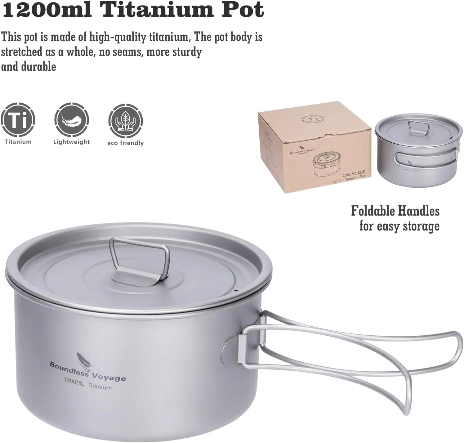 Boundless Voyage Titanium Pot Portable Camping Cookware Lightweight Cooking Pot Set for Outdoor Cooking Traveling Backpacking Hiking Trekking Picnic