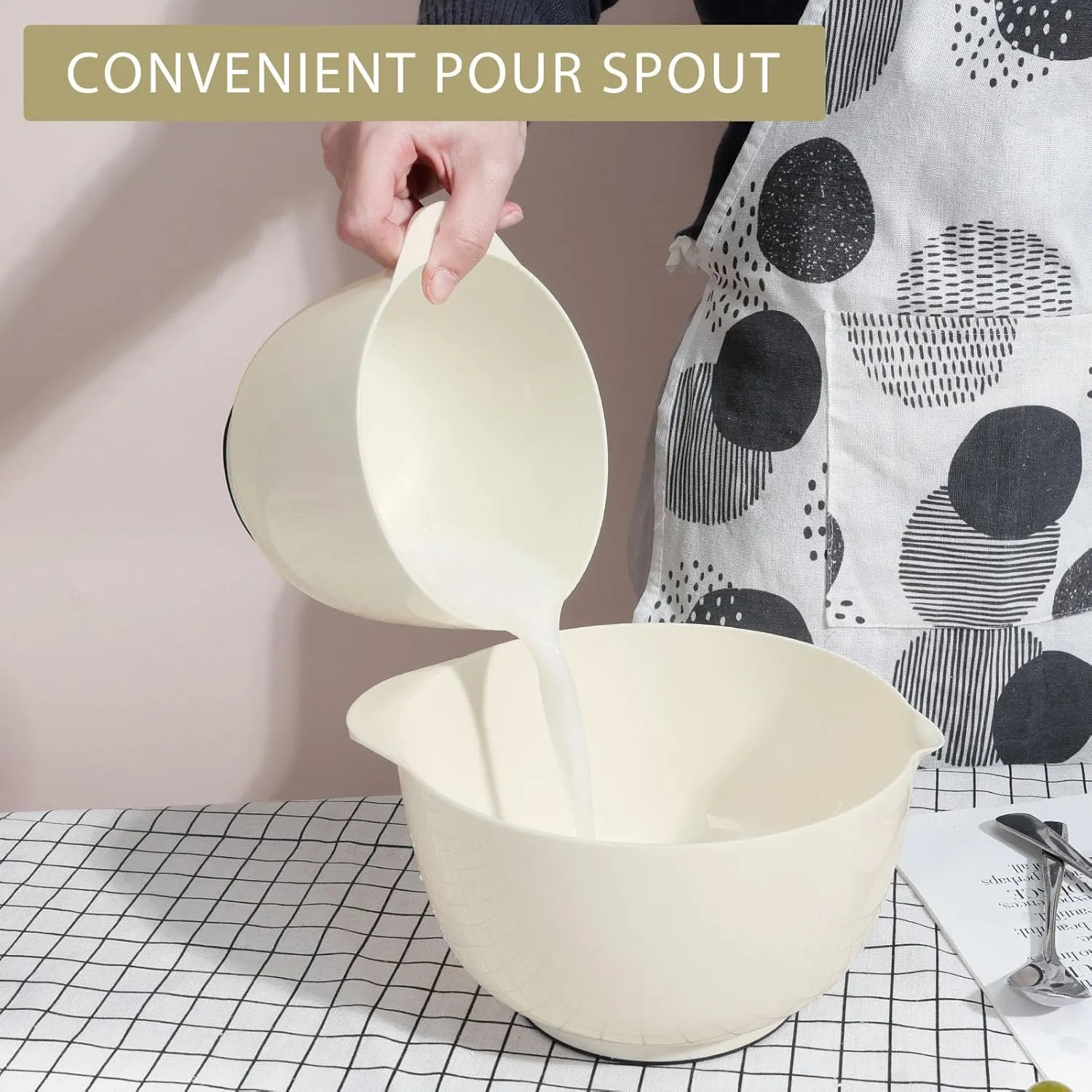 BoxedHome 4 Quart Large Plastic Mixing Bowls, Microwave Safe Mixing Bowl Set with Pour Spout, Nesting Bowls for Space Saving Storage(Beige)