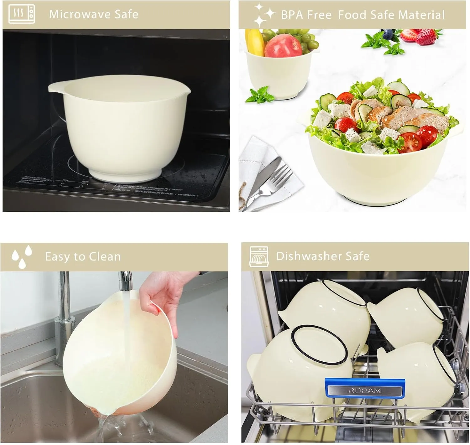 BoxedHome 4 Quart Large Plastic Mixing Bowls, Microwave Safe Mixing Bowl Set with Pour Spout, Nesting Bowls for Space Saving Storage(Beige)
