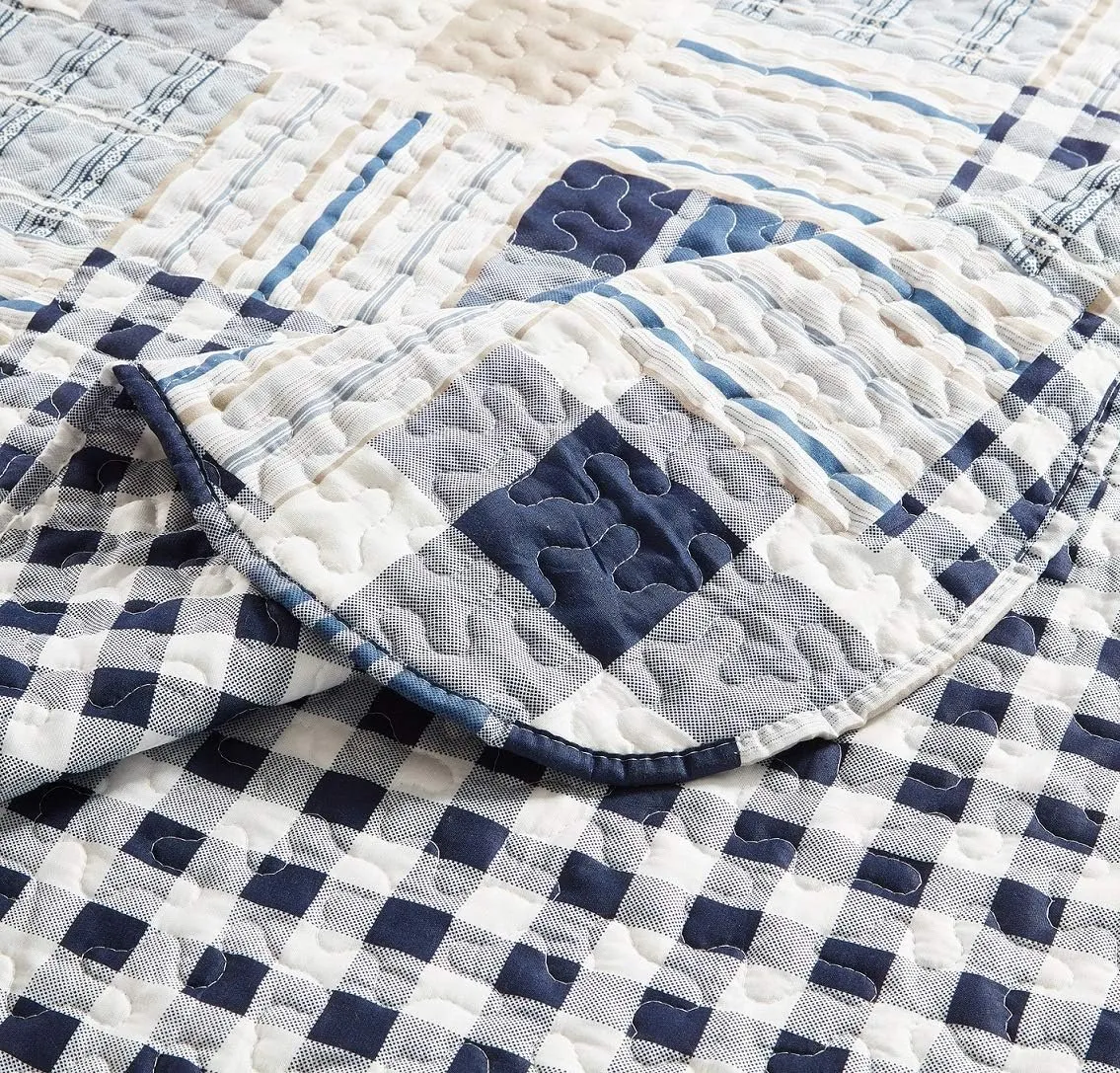 Brilliant Sunshine Plaids and Stripes Quilt Set, 2-Piece Bedding Sets with 1 Sham, Patchwork Design, Washable and Reversible Bedspread, Soft Lightweight Coverlet, All-Season, Twin/Twin XL, Blue