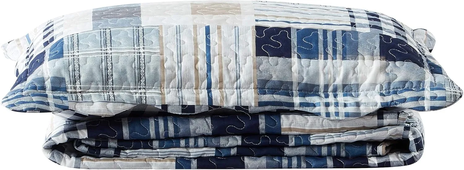 Brilliant Sunshine Plaids and Stripes Quilt Set, 2-Piece Bedding Sets with 1 Sham, Patchwork Design, Washable and Reversible Bedspread, Soft Lightweight Coverlet, All-Season, Twin/Twin XL, Blue