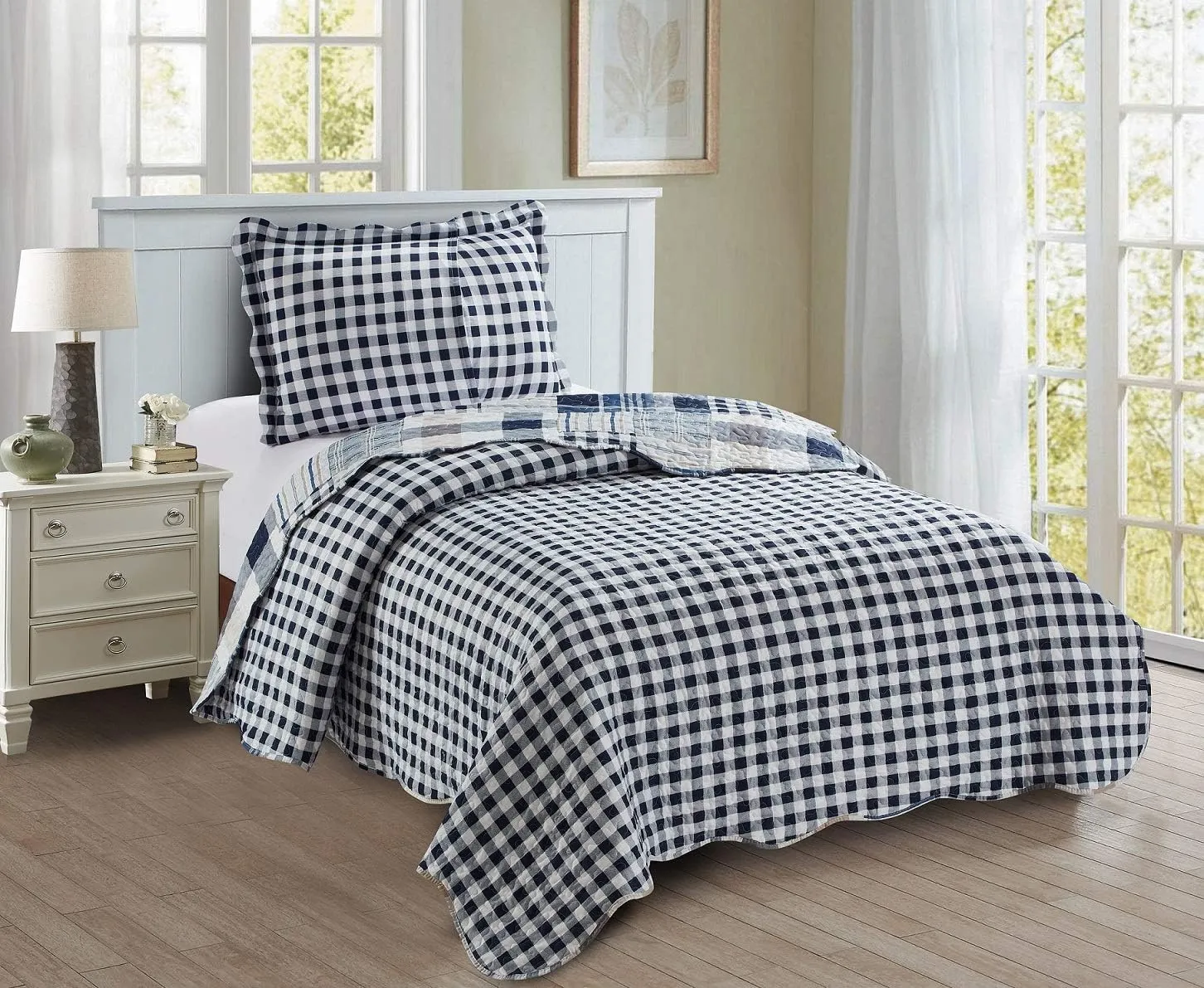 Brilliant Sunshine Plaids and Stripes Quilt Set, 2-Piece Bedding Sets with 1 Sham, Patchwork Design, Washable and Reversible Bedspread, Soft Lightweight Coverlet, All-Season, Twin/Twin XL, Blue