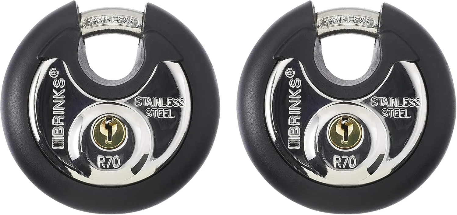 BRINKS Heavy Duty Padlock with Key - 70mm Discus Keyed Lock for Storage Shed, Garage, Storage Lockers, Sliding Doors, Tool Box, and Cabinets, 2 Pack