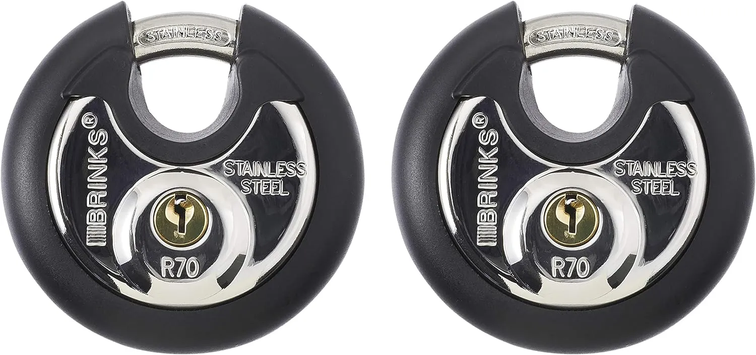 BRINKS Heavy Duty Padlock with Key - 70mm Discus Keyed Lock for Storage Shed, Garage, Storage Lockers, Sliding Doors, Tool Box, and Cabinets, 2 Pack