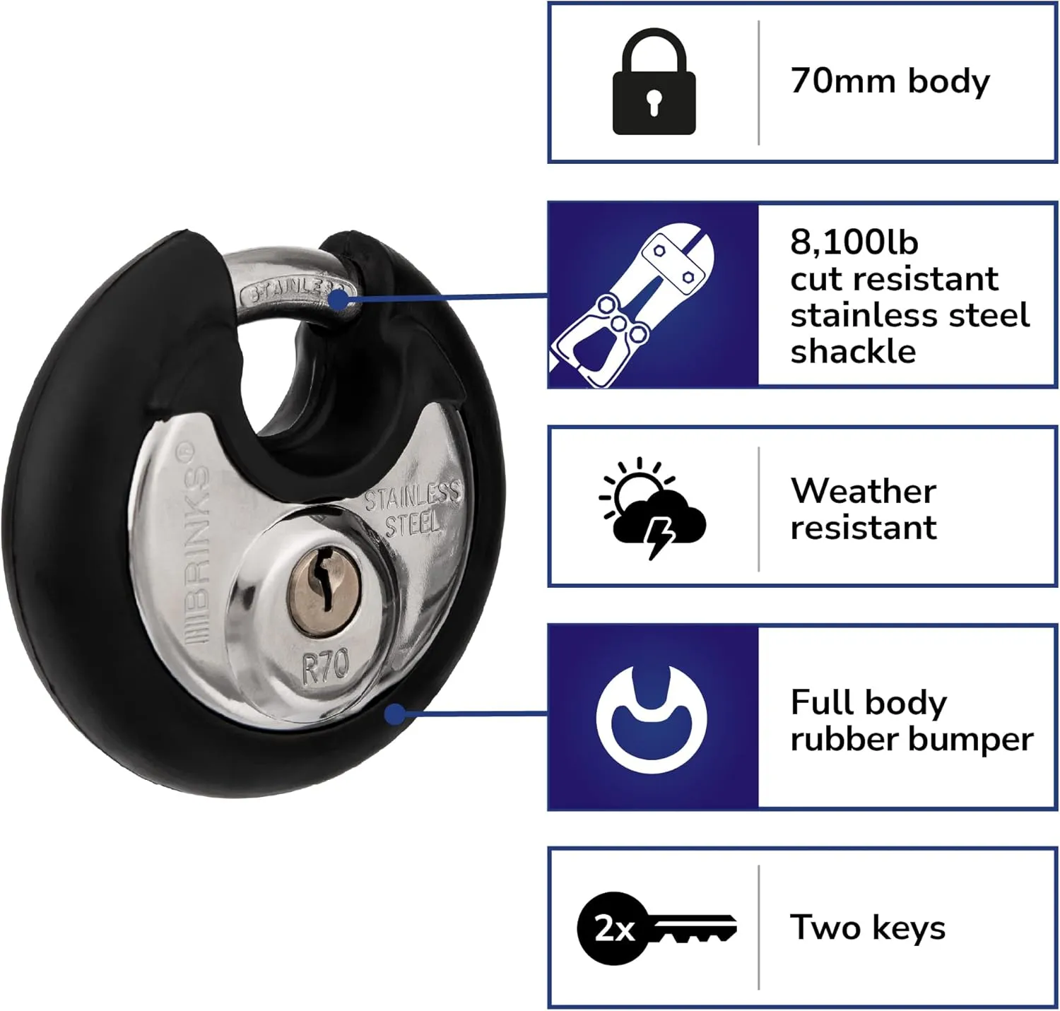 BRINKS Heavy Duty Padlock with Key - 70mm Discus Keyed Lock for Storage Shed, Garage, Storage Lockers, Sliding Doors, Tool Box, and Cabinets, 2 Pack