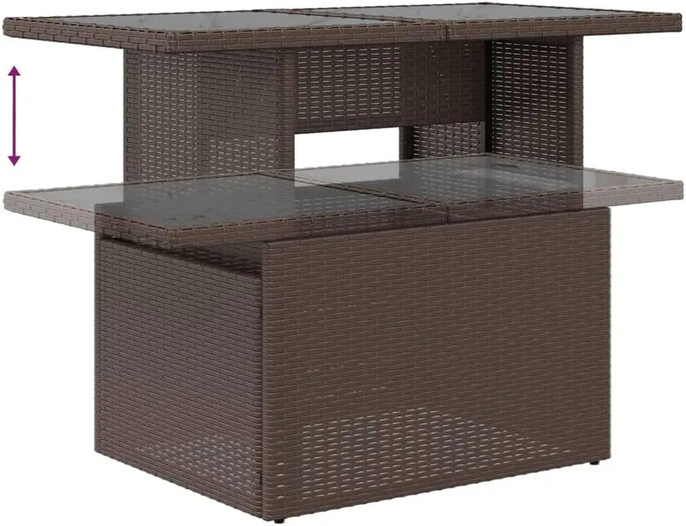 Brown PE Rattan Outdoor Table, Powder-Coated Steel Frame, Furniture, Tempered Glass Table for Dining, Camping, Picnic, Coffee - 55 x 100 x 73 cm