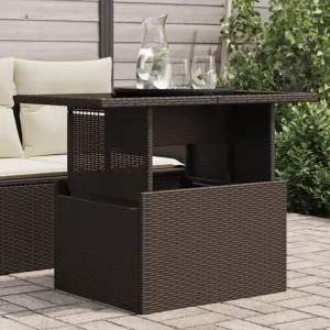 Brown PE Rattan Outdoor Table, Powder-Coated Steel Frame, Furniture, Tempered Glass Table for Dining, Camping, Picnic, Coffee - 55 x 100 x 73 cm