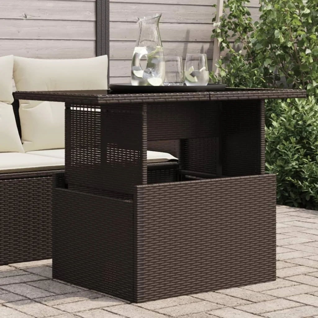 Brown PE Rattan Outdoor Table, Powder-Coated Steel Frame, Furniture, Tempered Glass Table for Dining, Camping, Picnic, Coffee - 55 x 100 x 73 cm