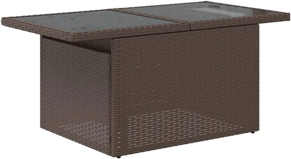 Brown PE Rattan Outdoor Table, Powder-Coated Steel Frame, Furniture, Tempered Glass Table for Dining, Camping, Picnic, Coffee - 55 x 100 x 73 cm