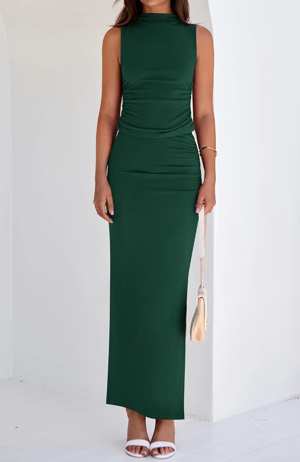 BTFBM Summer Two Piece Skirt Set for Women 2025 Dressy Lightweight Sleeveless Knit Top Going Out Split Maxi Skirt Set