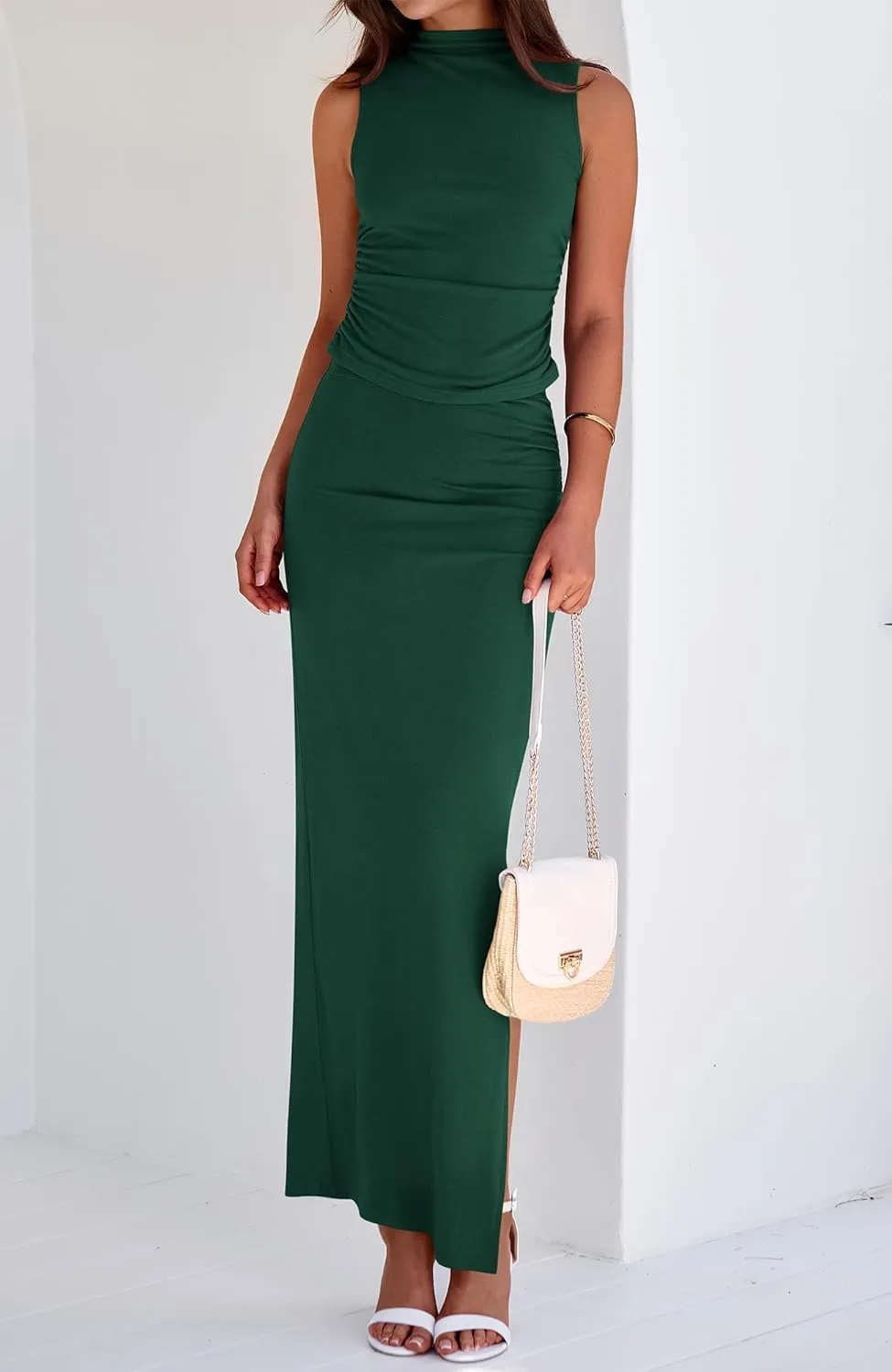 BTFBM Summer Two Piece Skirt Set for Women 2025 Dressy Lightweight Sleeveless Knit Top Going Out Split Maxi Skirt Set