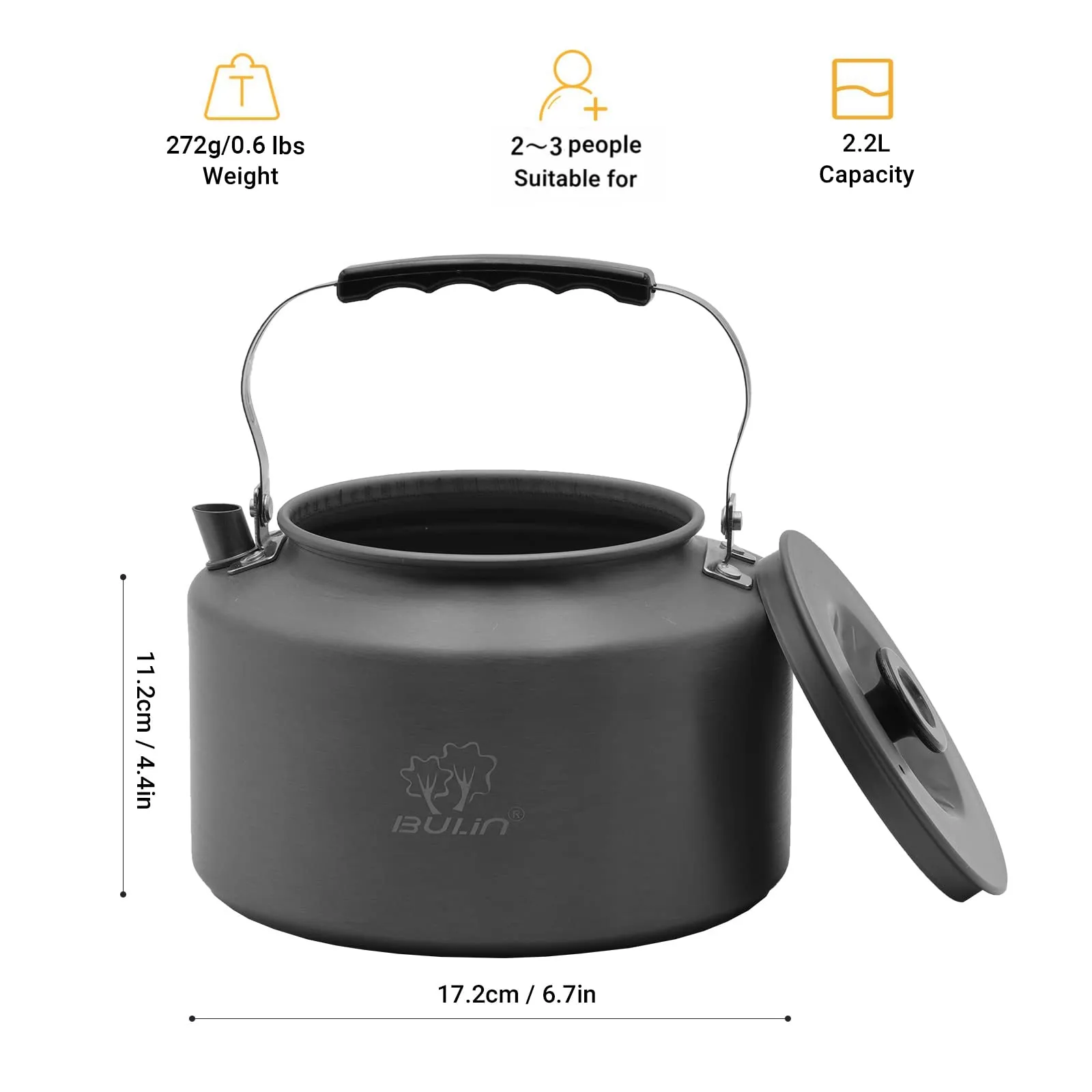 BULIN Hard Anodized Aluminum Camping Kettle 1.6L and 2.2L
