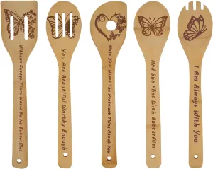 Butterfly Wooden Cooking Spoons Set of 5,Butterfly Gift,Butterfly Lovers Gifts,Butterfly Kitchen Decor,Bamboo Cooking Spoons Farmhouse Housewarming Wedding Mom Cooking House Closing Father's Day Gift