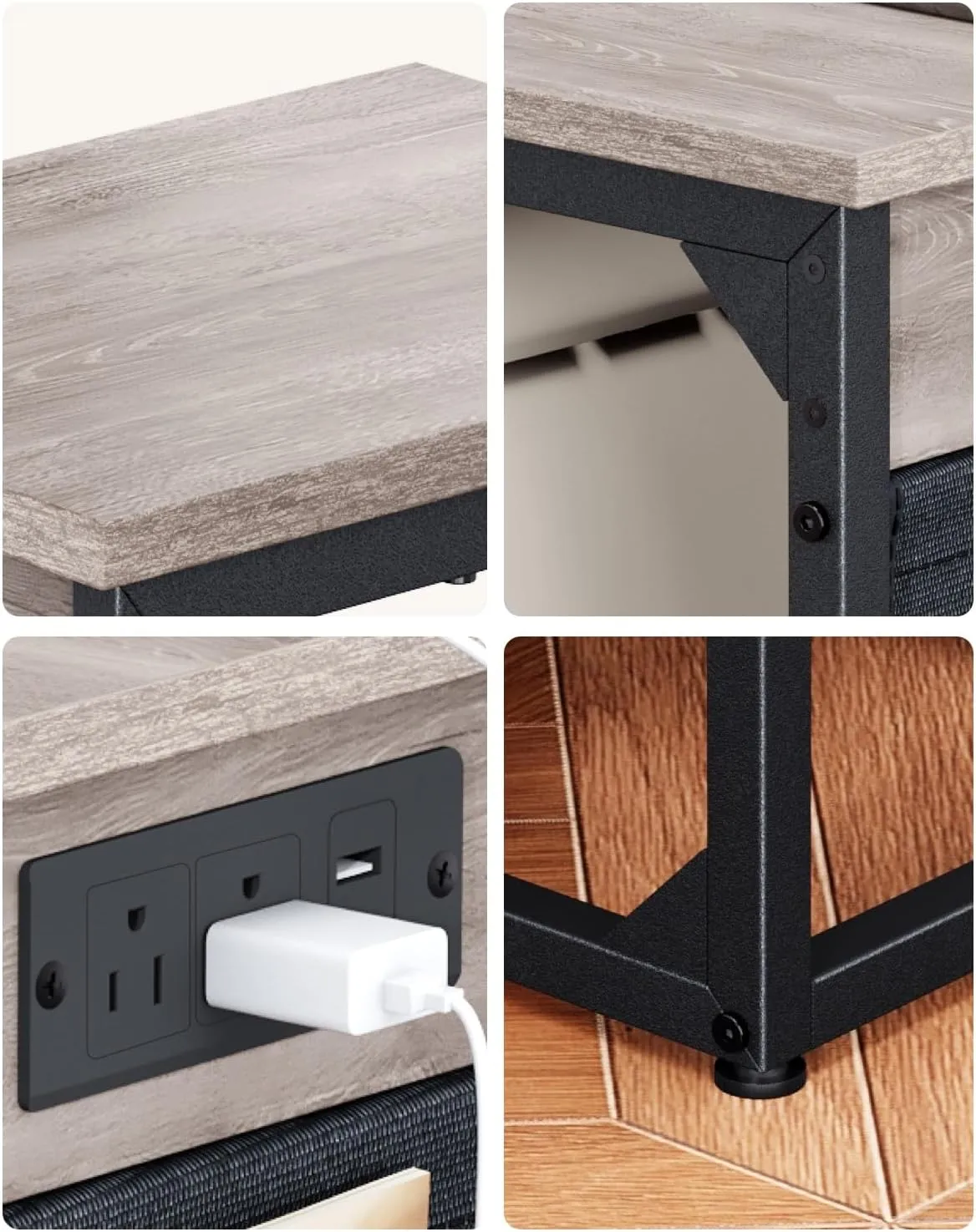 C-Shaped End Table with Charging Station, Small Couch Side Table with Storage Bag, Sofa Table for Living Room, Bedroom, Bedside ET-GY-1