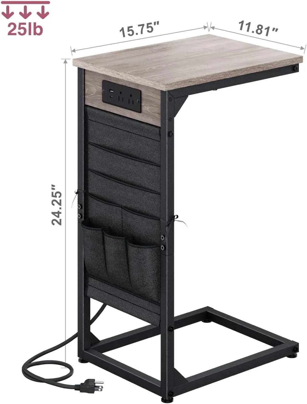 C-Shaped End Table with Charging Station, Small Couch Side Table with Storage Bag, Sofa Table for Living Room, Bedroom, Bedside ET-GY-1