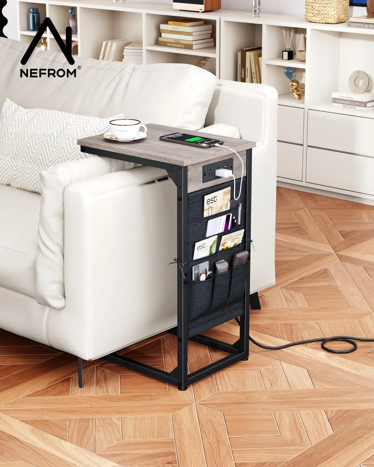 C-Shaped End Table with Charging Station, Small Couch Side Table with Storage Bag, Sofa Table for Living Room, Bedroom, Bedside ET-GY-1