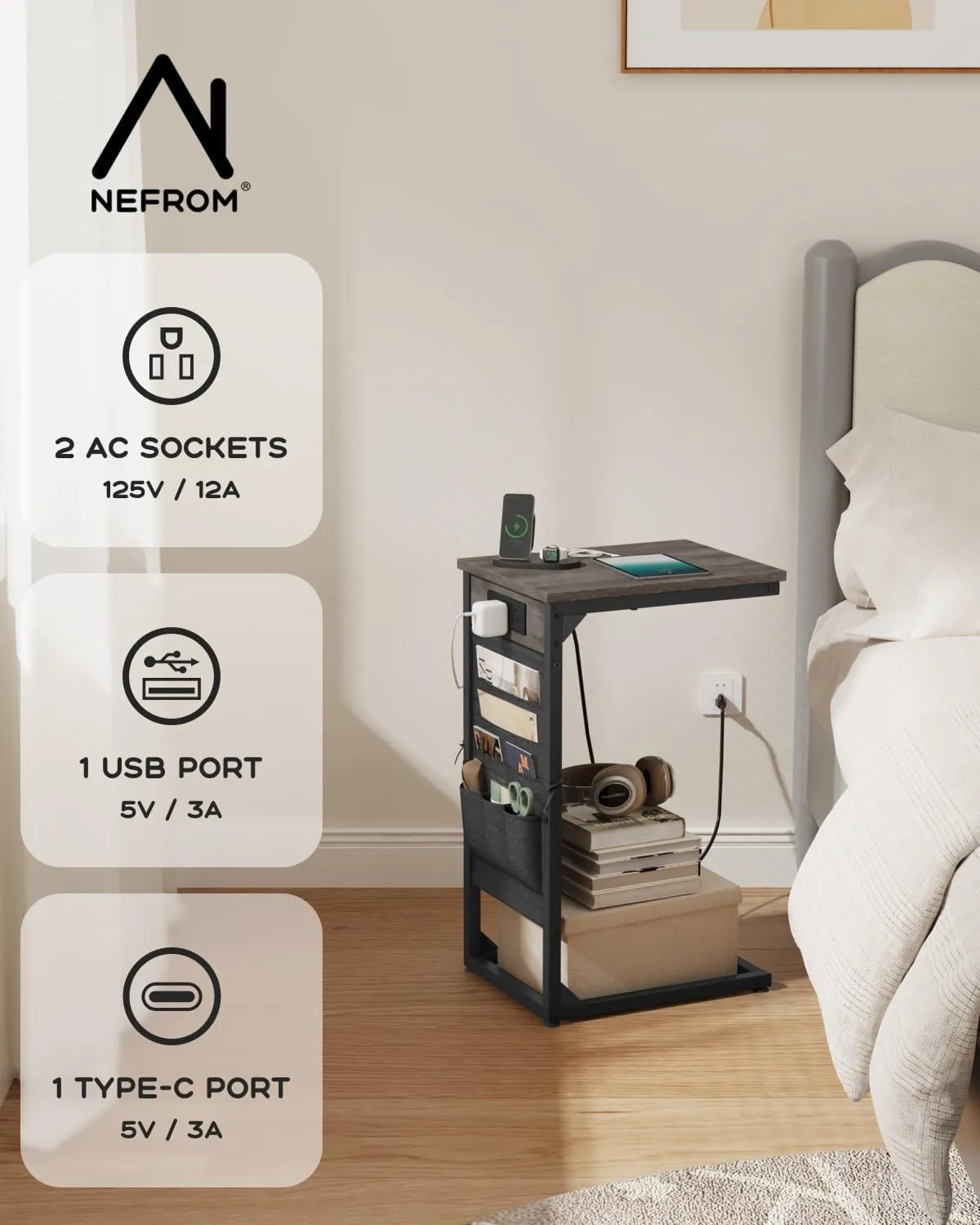 C-Shaped End Table with Charging Station, Small Couch Side Table with Storage Bag, Sofa Table for Living Room, Bedroom, Bedside ET-GY-1
