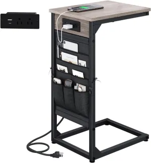 C-Shaped End Table with Charging Station, Small Couch Side Table with Storage Bag, Sofa Table for Living Room, Bedroom, Bedside ET-GY-1