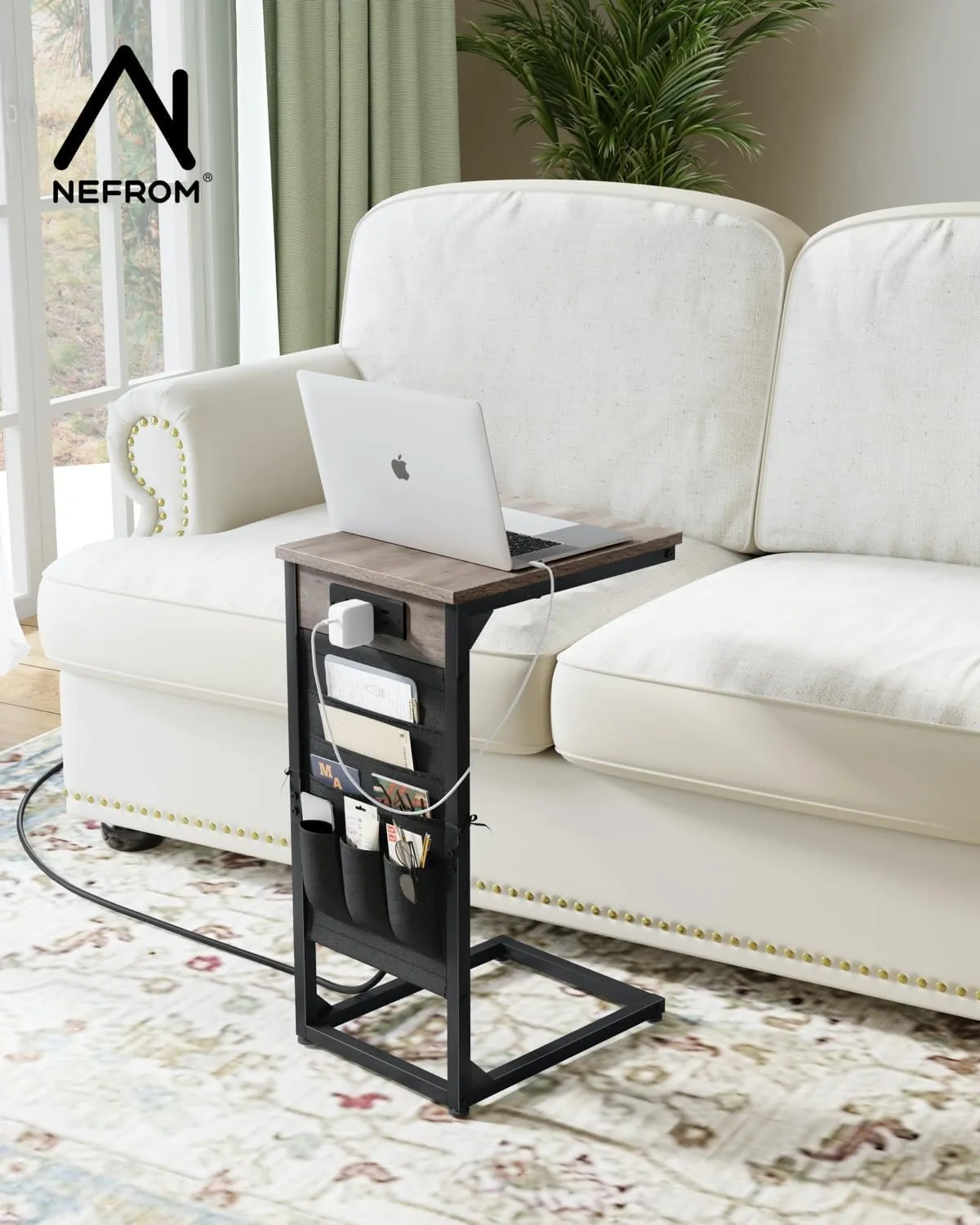 C-Shaped End Table with Charging Station, Small Couch Side Table with Storage Bag, Sofa Table for Living Room, Bedroom, Bedside ET-GY-1