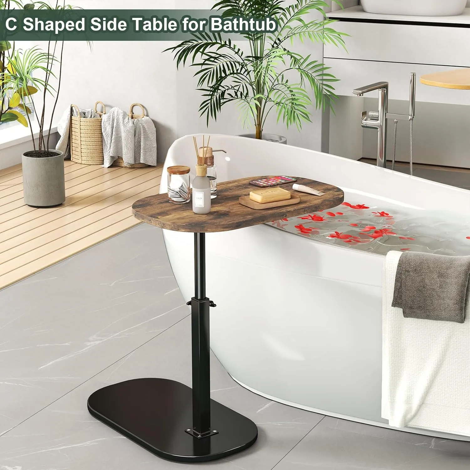 C Shaped Side Table, Adjustable Height C Shaped End Table, 360°Swivel Couch Side Tables That Slide Under, Modern Small Coffee C Table End Table for Sofa/Bed/Bathtub, Rotating Tabletop (Rust Brown)
