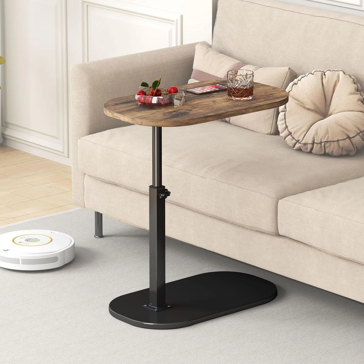C Shaped Side Table, Adjustable Height C Shaped End Table, 360°Swivel Couch Side Tables That Slide Under, Modern Small Coffee C Table End Table for Sofa/Bed/Bathtub, Rotating Tabletop (Rust Brown)