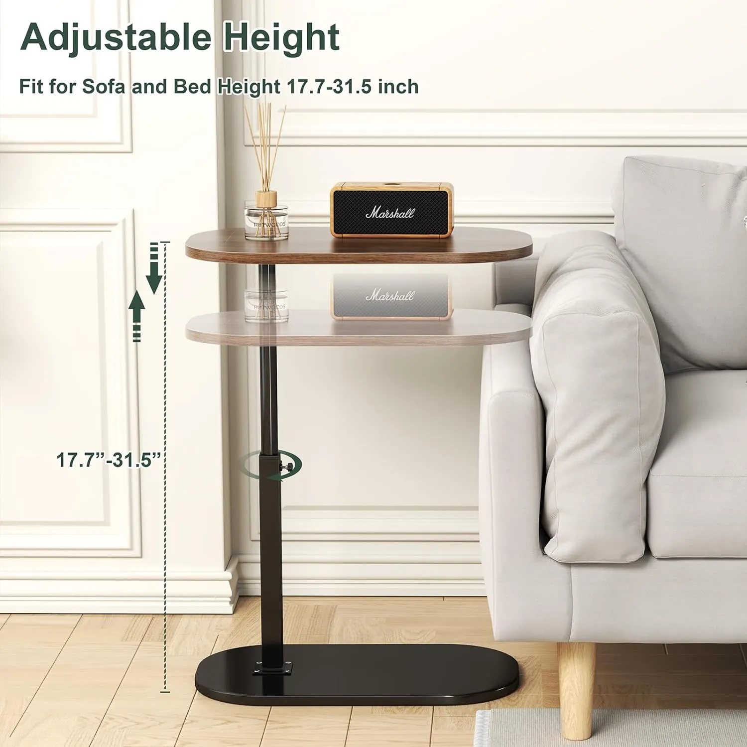 C Shaped Side Table, Adjustable Height C Shaped End Table, 360°Swivel Couch Side Tables That Slide Under, Modern Small Coffee C Table End Table for Sofa/Bed/Bathtub, Rotating Tabletop (Rust Brown)