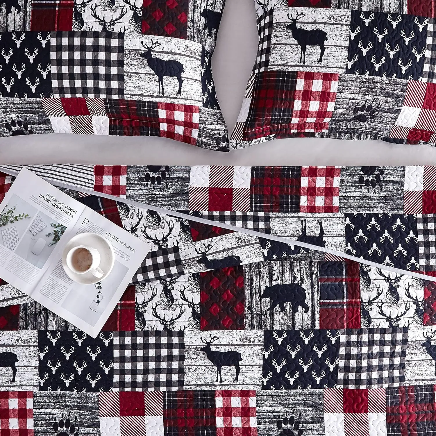 Cabin Quilt Set Queen, Christmas Rustic Quilt Coverlet Bed Set, 3-Piece Lightweight Reversible All Season Quilt Set, Lodge Bedspread Quilt with 2 Shams