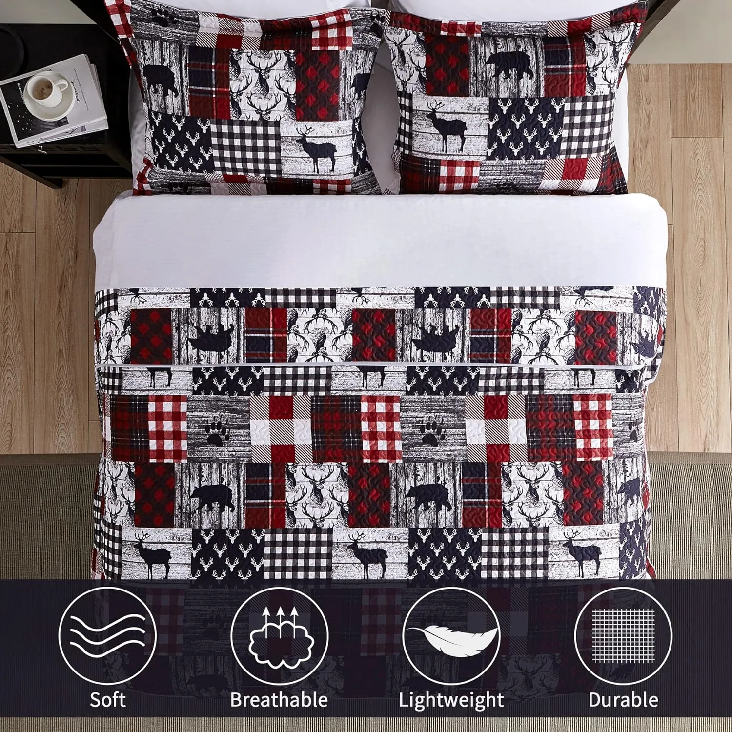 Cabin Quilt Set Queen, Christmas Rustic Quilt Coverlet Bed Set, 3-Piece Lightweight Reversible All Season Quilt Set, Lodge Bedspread Quilt with 2 Shams