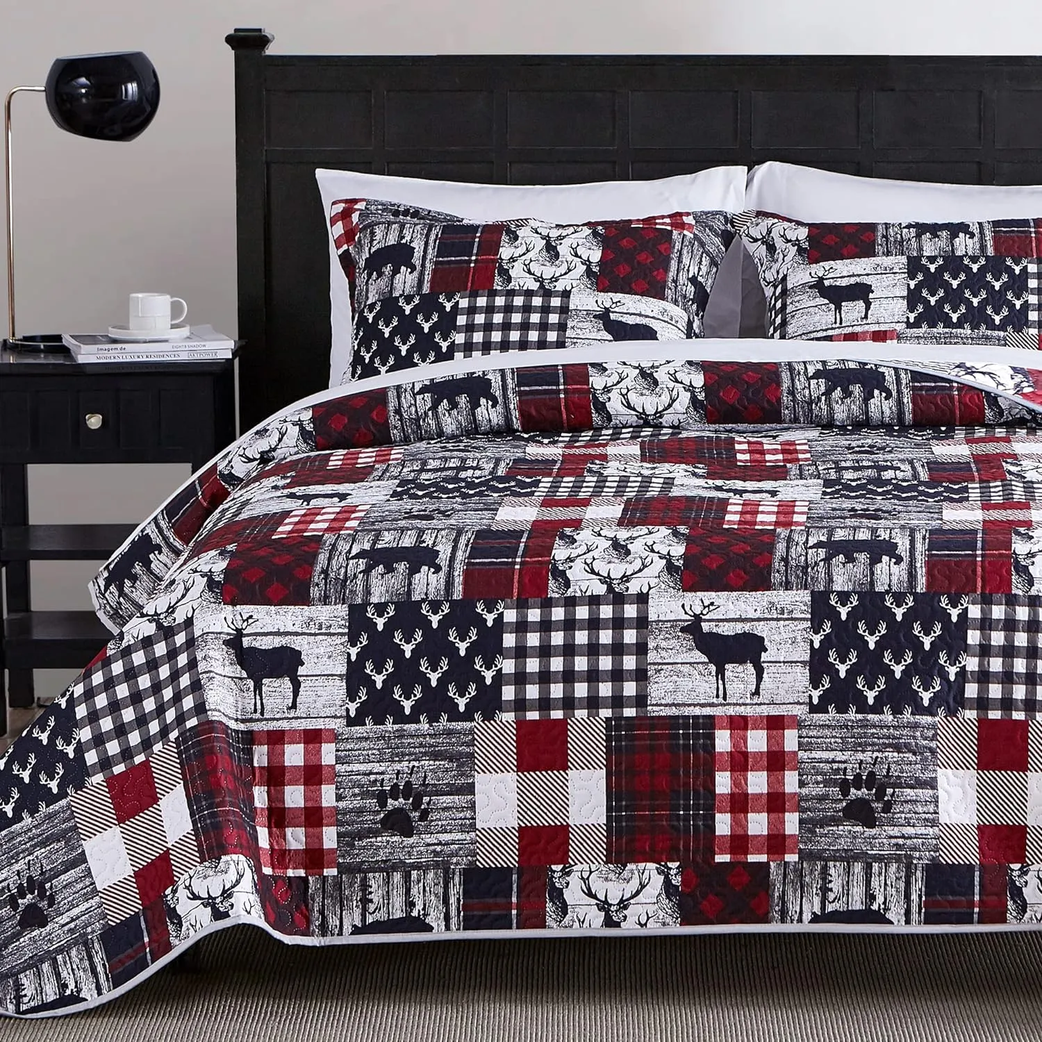 Cabin Quilt Set Queen, Christmas Rustic Quilt Coverlet Bed Set, 3-Piece Lightweight Reversible All Season Quilt Set, Lodge Bedspread Quilt with 2 Shams