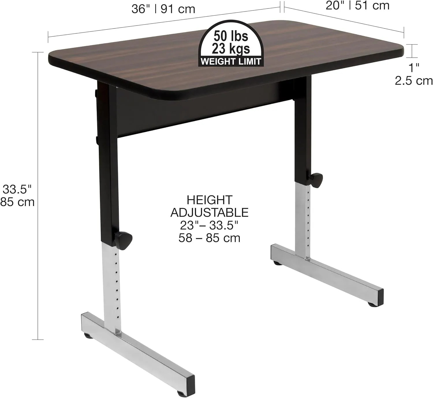 Calico Designs Adapta Desk - Height Adjustable Desk - 23"-33.5" - All-Purpose Standing Table for Home Office, Art, and More - Black/Walnut
