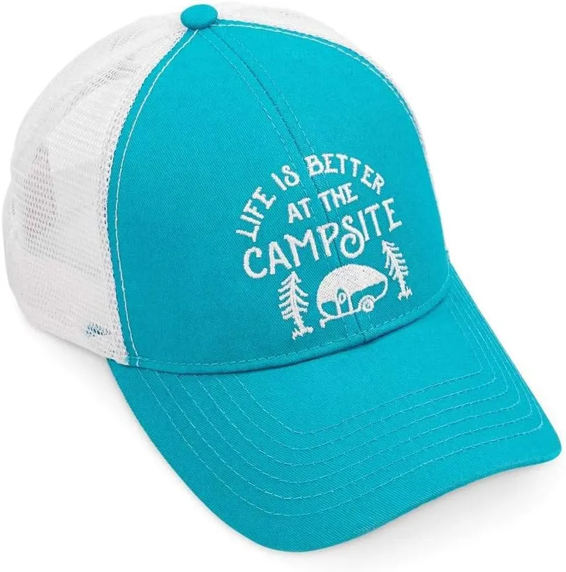 Camco Life is Better at The Campsite Trucker Hat | Features a Mesh Backing, a Unique Teal Life is Better at The Campsite Design, and an Adjustable Strap with Snap (53353)